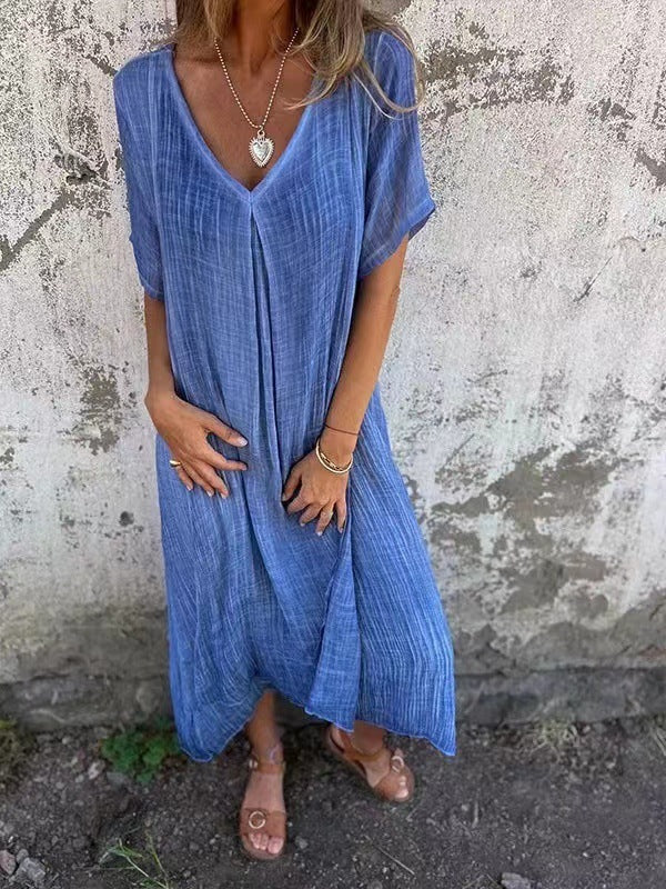 Women's Fashion Temperament Cotton Linen V-neck Semi-formal Dress Women's Garments Apparel / Clothing
