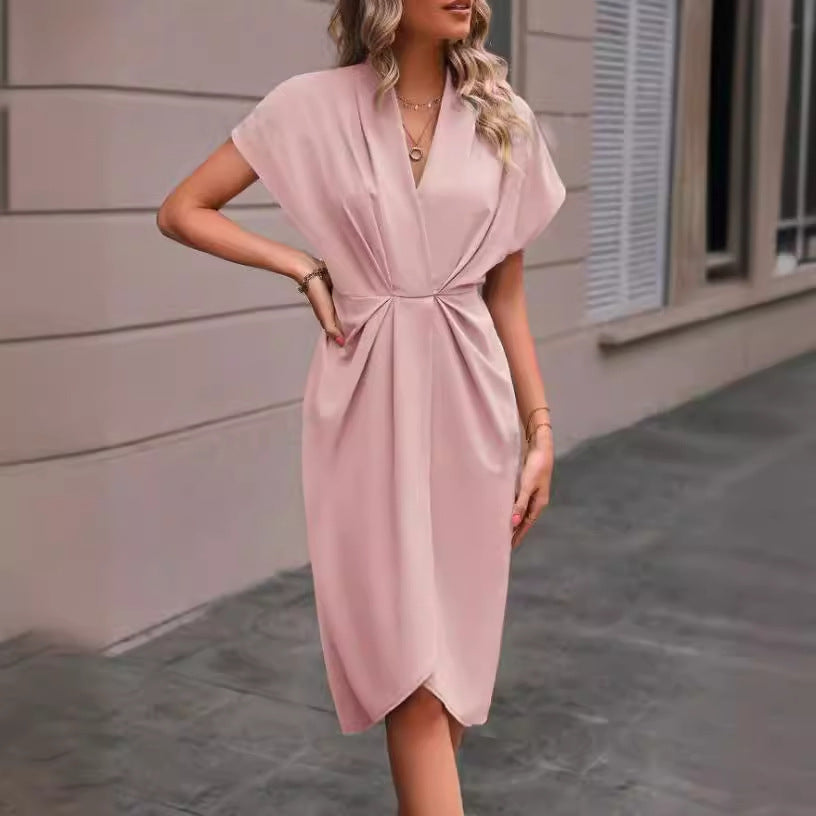 Summer Batwing Sleeve Dress Fashion V-neck Short Sleeve Pleated Dresses Women's Garments Apparel / Clothing