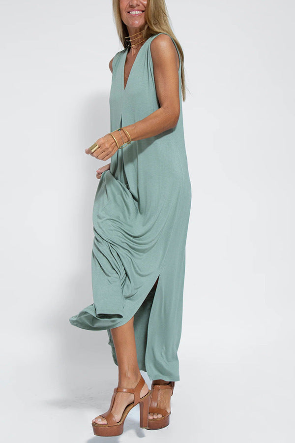 New Solid Color V-neck Sleeveless Dress Long Cardigan Jacket Suit For Women's Garments Apparel / Clothing