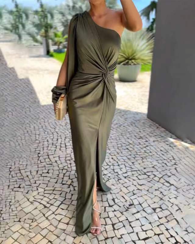 Women's Diagonal Shoulder Knot Split Solid Color Slim Fit Dress Women's Garments Apparel / Clothing