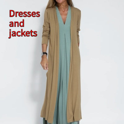New Solid Color V-neck Sleeveless Dress Long Cardigan Jacket Suit For Women's Garments Apparel / Clothing