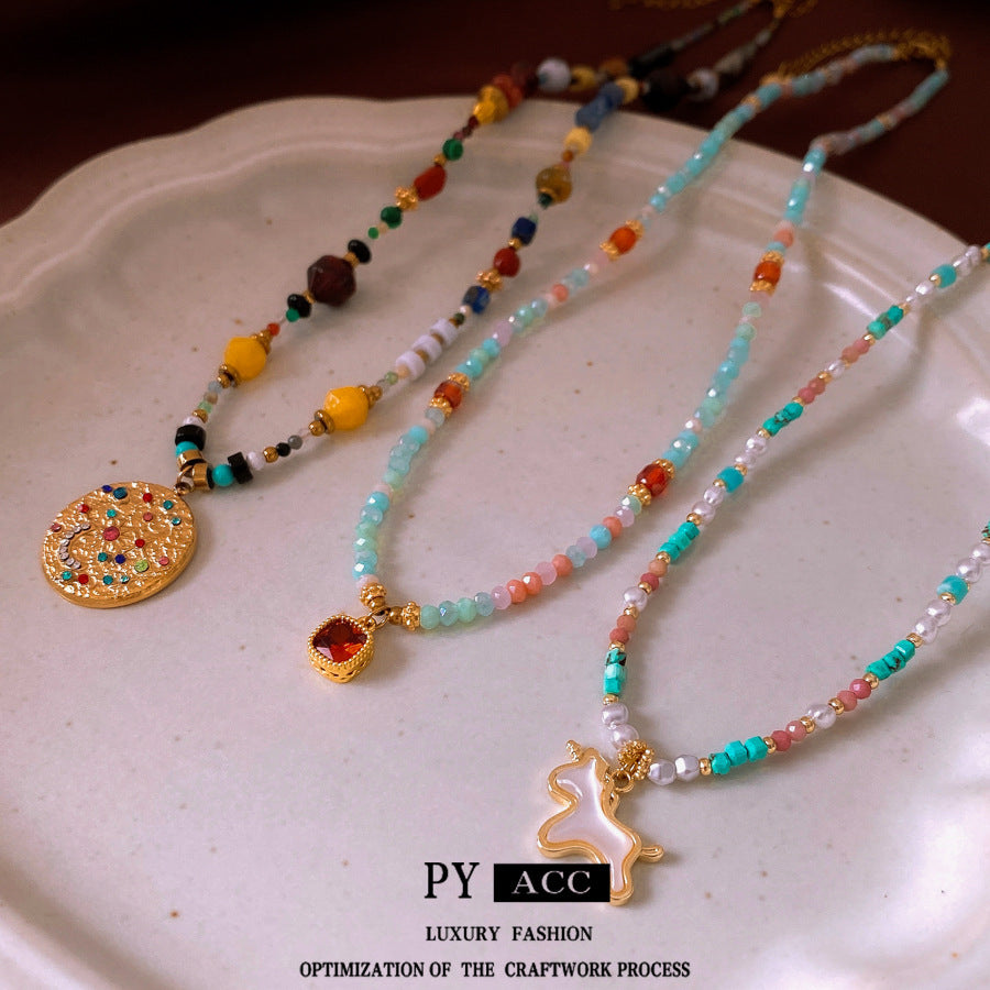 Colorful Stone Stringed Pearls Pendant Necklace All-match Necklace Clavicle Chain Jewelry & Accessories