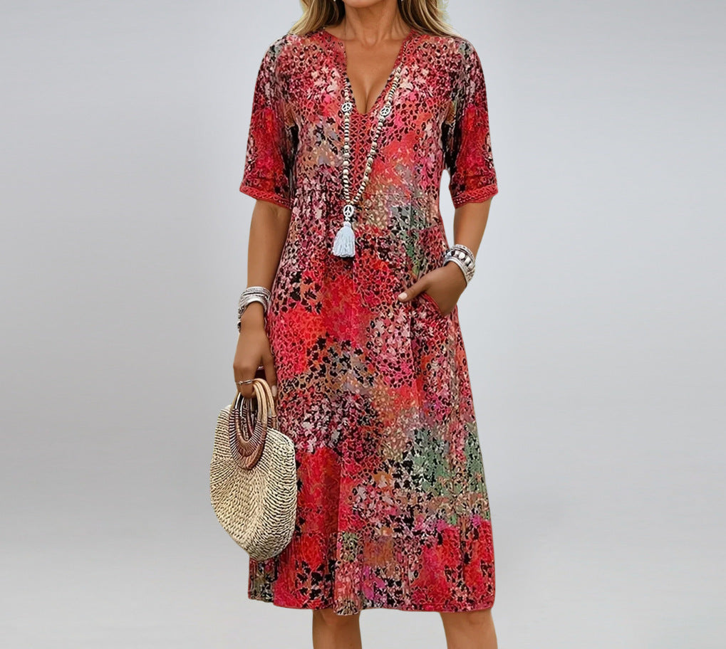 Summer V-neck Half-sleeved Dress With Pockets Fashion Ethnic Print Dresses Beach Holiday Women's Garments Apparel / Clothing