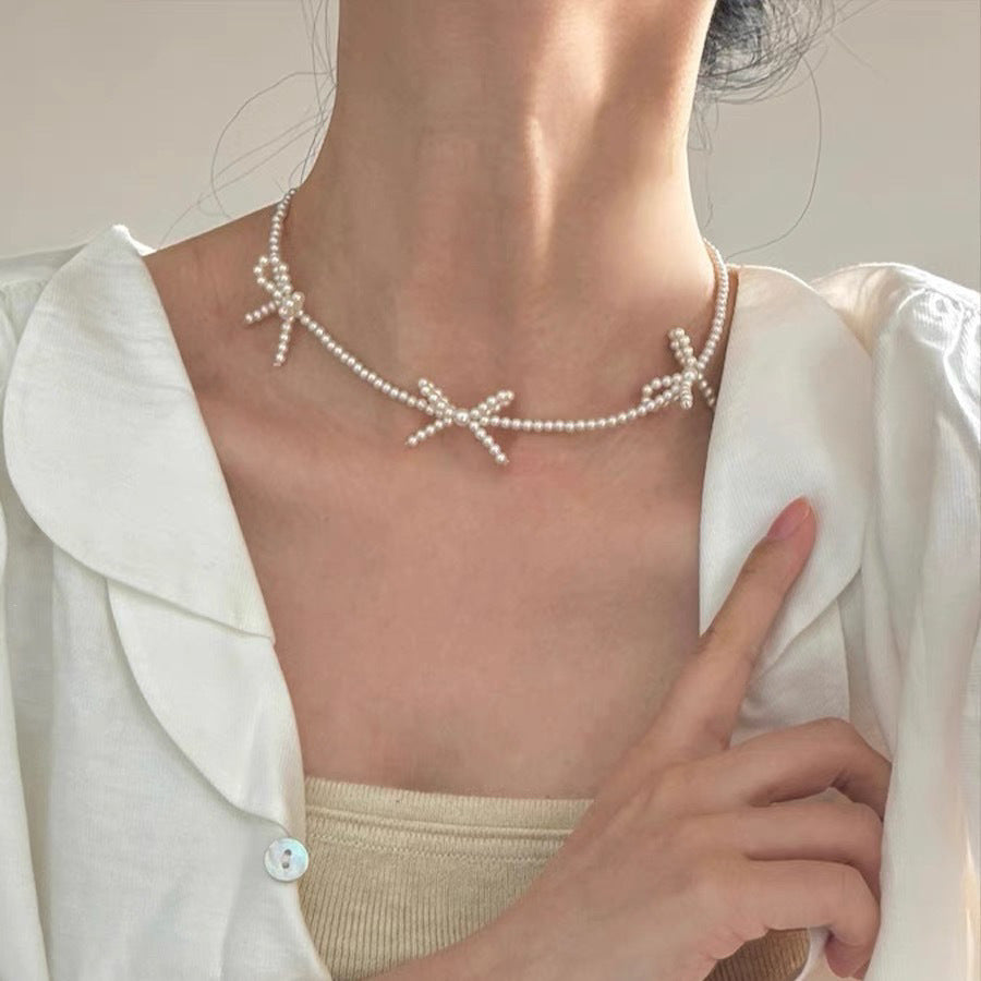 Sweet Bow Pearl Necklace Women's Simple Design Clavicle Chain Jewelry & Accessories
