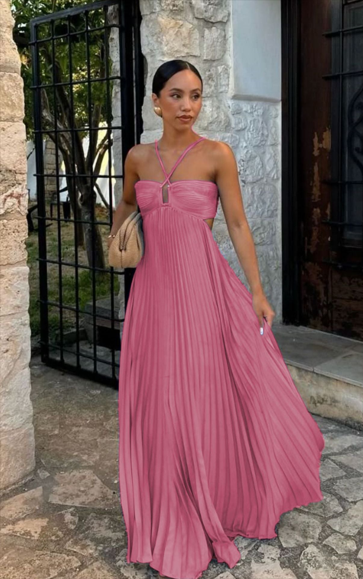 Ins Pleated Sleeveless Sling Dress Hollow High Waist Halter Robe Dresses For Evening Party Club Women's Garments Apparel / Clothing