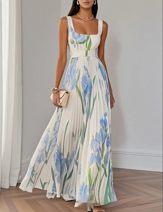 European And American Pleated Printing Dress Women's Garments Apparel / Clothing
