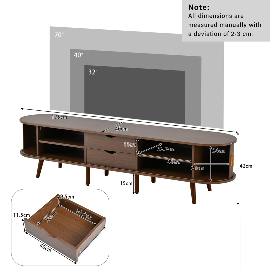 TV Stand With 2 Drawer 2 Sliding Doors 2  Tier Storage Shelf,Oval TV Cabinet Storage Sideboard With Rounded Corners For Livingroom Bedroom,175X40X42cm,Dark Oak,MDF,weight Capacity 30kg,for 70inch TV Furniture