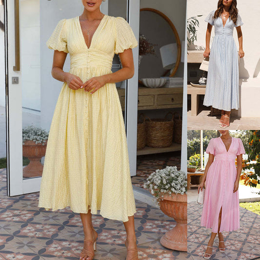 V-neck Short-sleeved Dress With Slim-waisted Design Summer Fashion Puff Sleeve Long Dress For Women's Garments Apparel / Clothing