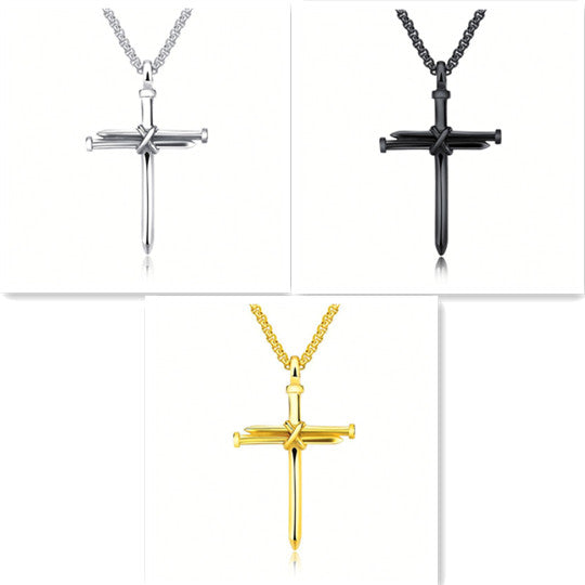 Steel Gold Black Color Fashion Mens Iron Nail Cross Pendant Necklace Stainless Steel 3mm Round Box Chain Jewelry Gift For Men Jewelry / Accessories