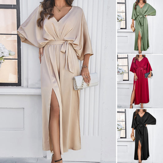 Fashion Bat Sleeve Long-sleeved V-neck Dress With Split Design Temperament Loose High Waist Lace-up Long Dresses Women's Garments Apparel / Clothing