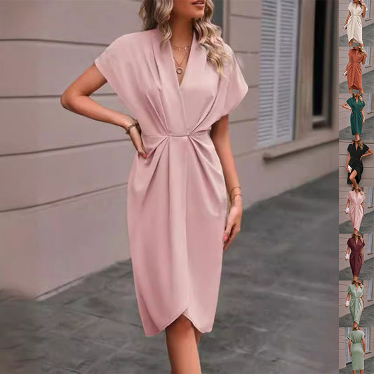 Summer Batwing Sleeve Dress Fashion V-neck Short Sleeve Pleated Dresses Women's Garments Apparel / Clothing