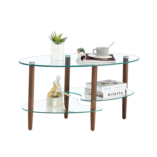 Transparent Oval Glass Coffee Table, Modern Living Room Table, Oak Leg Coffee Table, Three-layer Glass Table Furniture