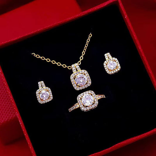 Fashion Jewelry Set Zircon Gem Pendant Chain Choker Necklace For Women Gold Color Stud Earring Statement Wedding Ring Jewelry / Accessories