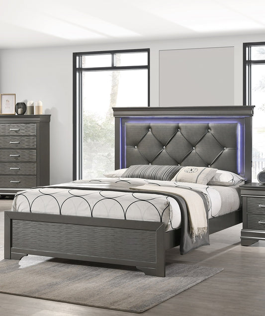 Dark Gray Faux Leather Tufted Headboard 1pc Queen Size Bed W LED Bedroom Furniture Gray Unique Texture FB Solid Wood Bedroom Furniture