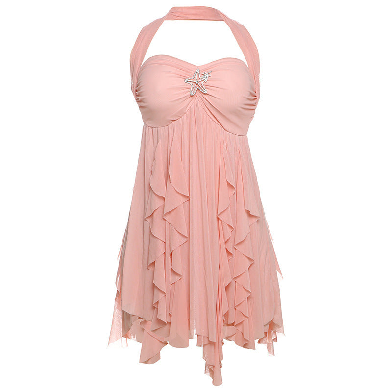 Ins Halter Neck Backless Dress Summer Sexy Printed Irregular Mesh Short Dresses For Evening Party Club Women's Garments Apparel / Clothing