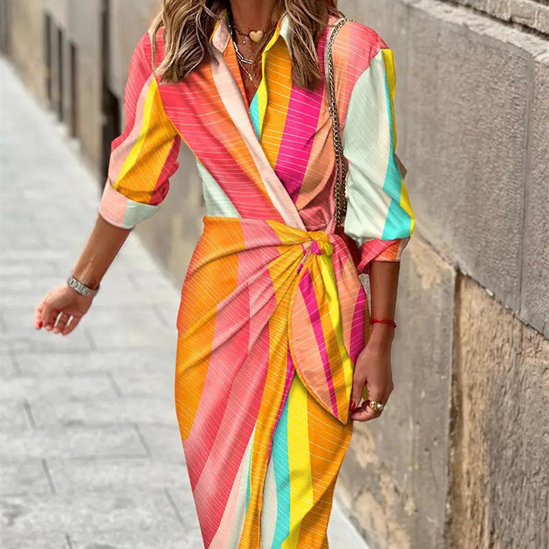 Fashion Printed Shirt Dress With Belt Slim Fit Three-quarter Sleeve Lapel Dress For Women's Garments Apparel / Clothing