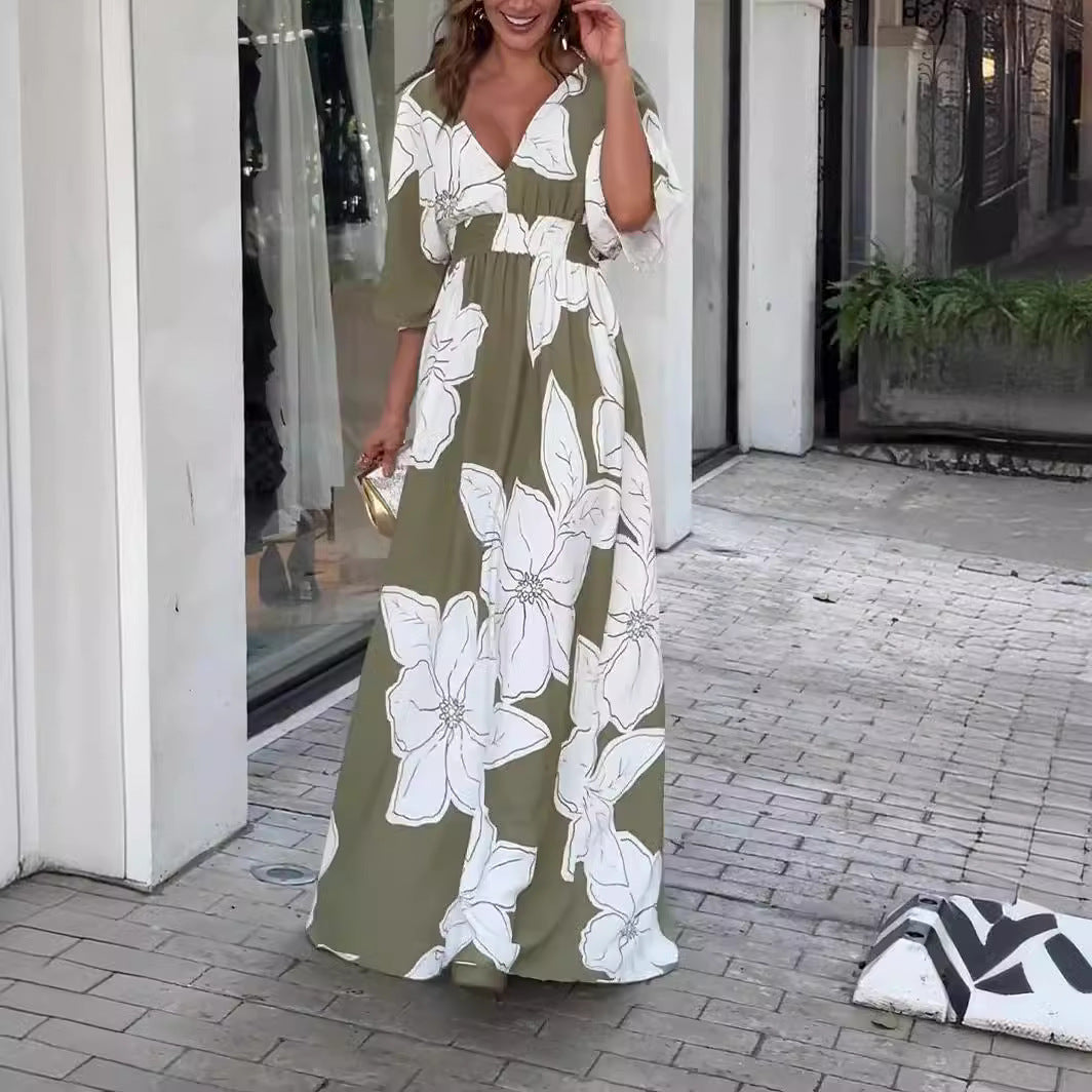 Flower Printed V-neck Batwing-sleeved Dress Fashion Elegant Backless Long Dresses Women's Garments Apparel / Clothing