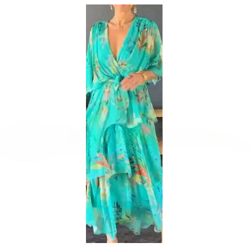 European And American Printing Layered Dress Women's Garments Apparel / Clothing