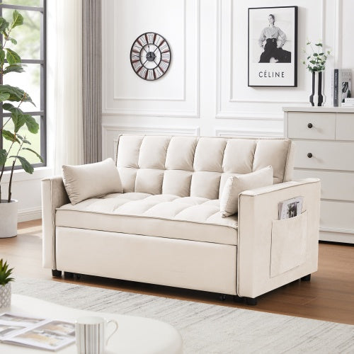 Modern Velvet Loveseat Futon Sofa Couch W Pullout Bed,Small Love Seat Lounge Sofa W Reclining Backrest,Toss Pillows, Pockets,Furniture For Living Room,3 In 1 Convertible Sleeper Sofa Bed, Creamy White Furniture