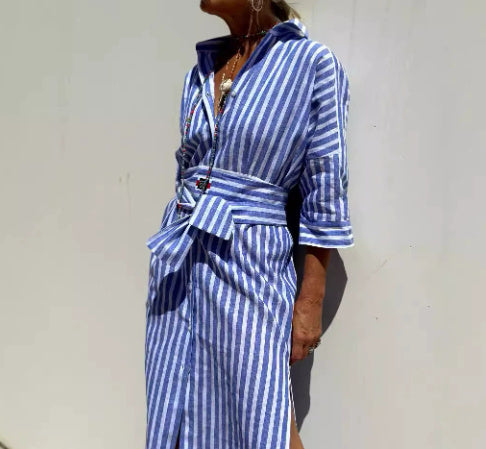 Striped Shirt Dress With Belt Fashion Half-sleeved Lapel Button Cardigan Dresses Women's Garments Apparel / Clothing