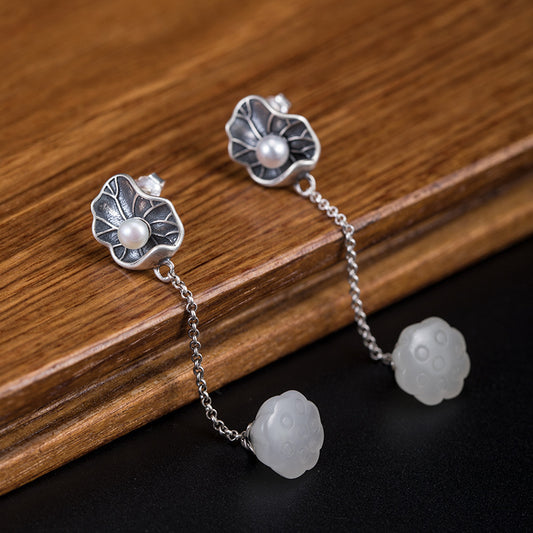 Lotus Leaf Pearl Hetian Jade Lotus Seedpod Earrings Female S925 Silver Jewelry/Accessories