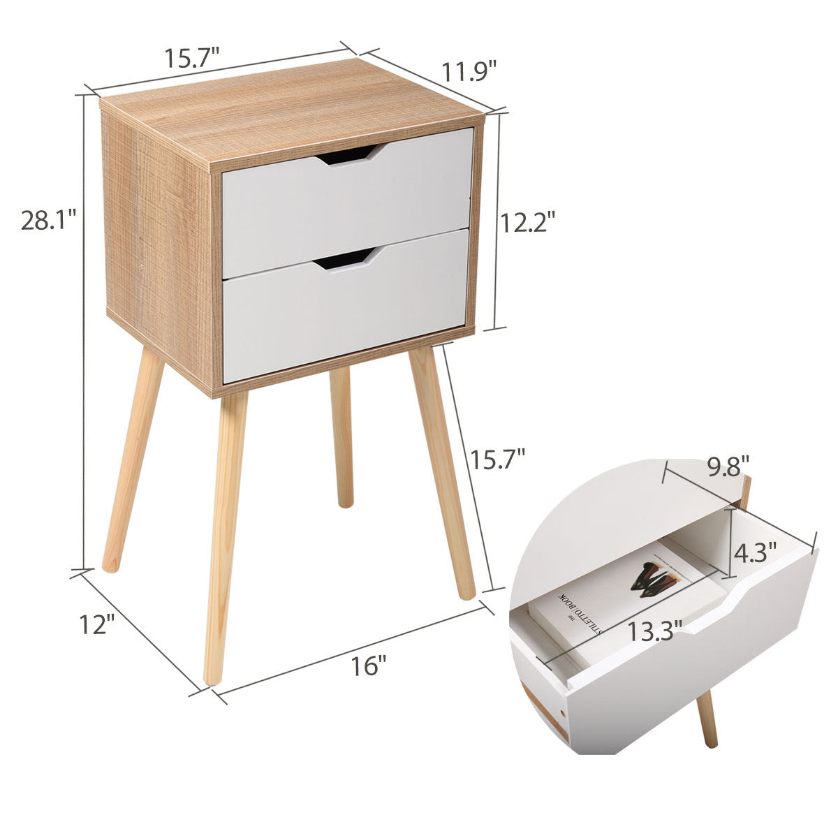 Set Of 2 Modern Nightstands With 2 Drawers & Splayed Legs - White Furniture