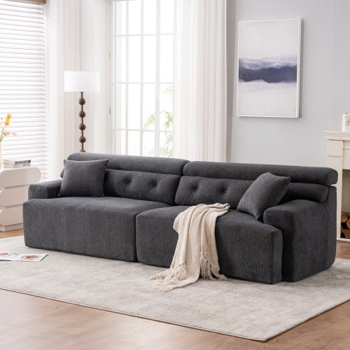 LY-029 GRAY COMPRESSION SOFA 4-seater Combined Sofa, Wood Grain Chenille Fabric, Full Sponge Compression Sofa,combined Sofa With 2 Pillows For Living  Home Furniture  Apartment Furniture