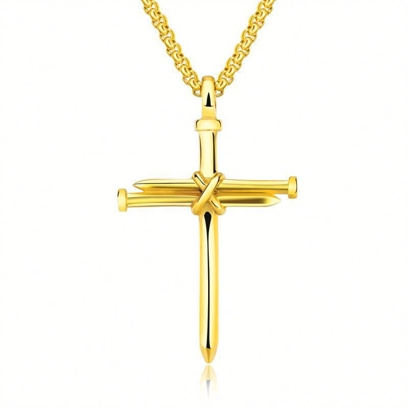 Steel Gold Black Color Fashion Mens Iron Nail Cross Pendant Necklace Stainless Steel 3mm Round Box Chain Jewelry Gift For Men Jewelry / Accessories