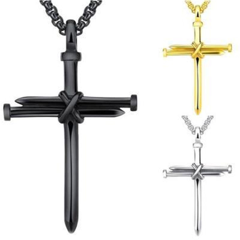 Steel Gold Black Color Fashion Mens Iron Nail Cross Pendant Necklace Stainless Steel 3mm Round Box Chain Jewelry Gift For Men Jewelry / Accessories