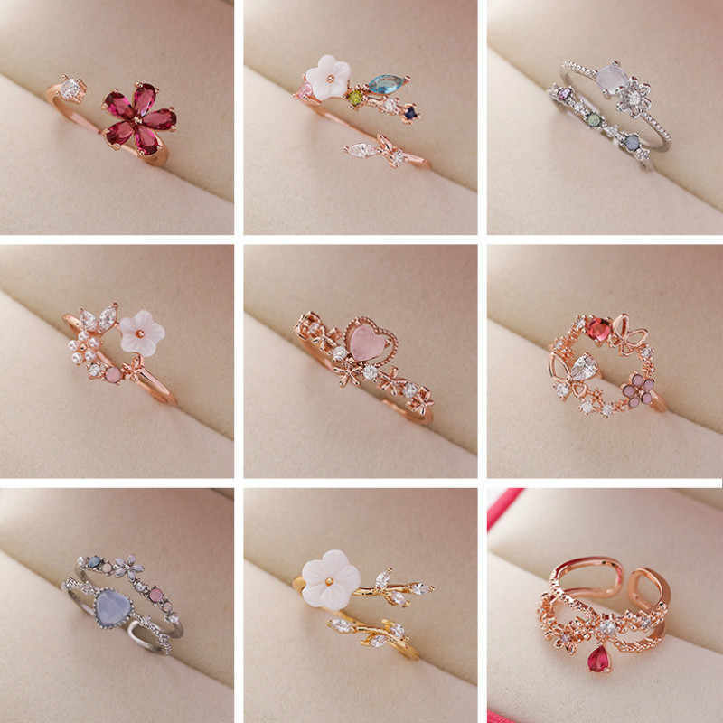 Sparkling Diamond Crystal Zircon Flower Ring Micro Inlaid Sweet Wild Love Flower Open Ring Bracelet