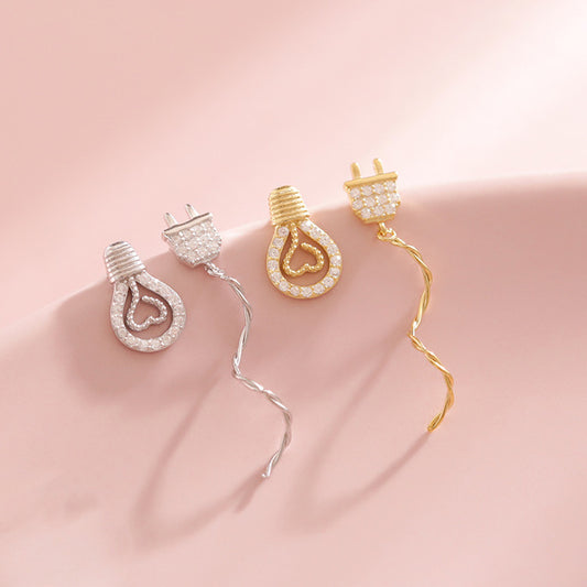 925 Silver Flash Diamond Bulb Plug Asymmetrical Earrings Jewelry/Accessories