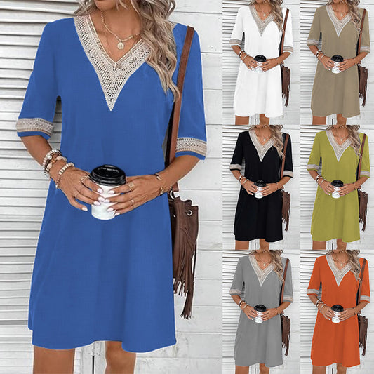 V-neck Half Sleeves Loose Casual Dress Women's Garments Apparel / Clothing