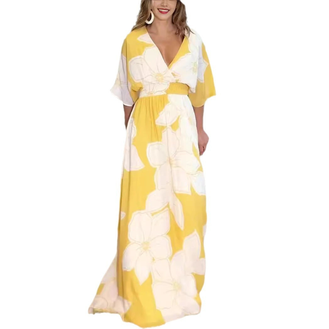 Flower Printed V-neck Batwing-sleeved Dress Fashion Elegant Backless Long Dresses Women's Garments Apparel / Clothing