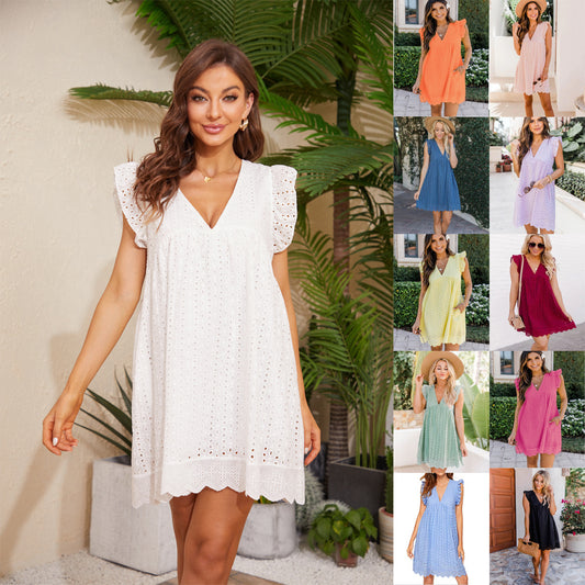 Lace Dresses With Pocket Summer Sleeveless Jacquard Cutout V-Neck Beach Dress Women's Garments Apparel / Clothing