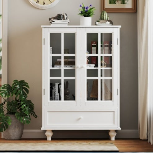 Minimalist White Buffet Cabinet With Double Glass Doors And Drawer, Modern Wooden Storage Sideboard Cupboard For Living Room, Dining Room Hallway Entryway Furniture
