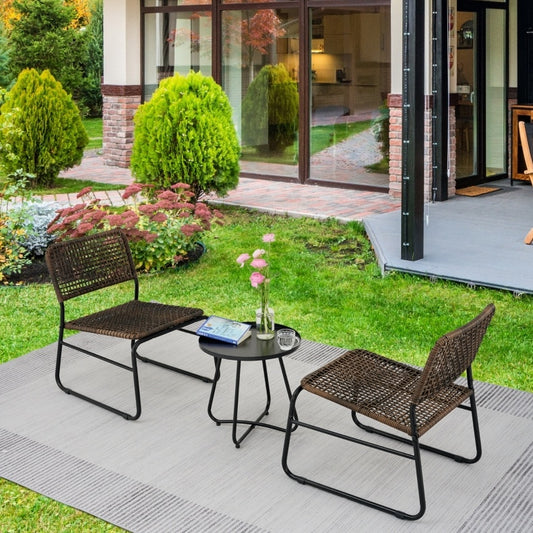 Ensemble de meubles de patio 3 pièces avec cadre en acier et table ronde moderne, marron et