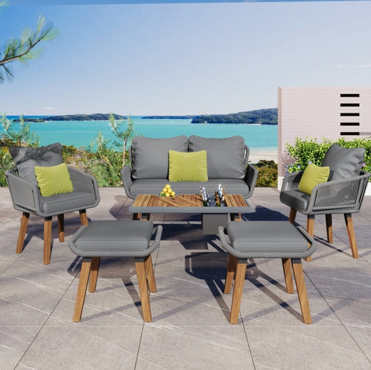 Ensemble de meubles de patio en corde K&amp;K 6 pièces, mobilier d'extérieur avec table de bar en bois d'acacia et glacière