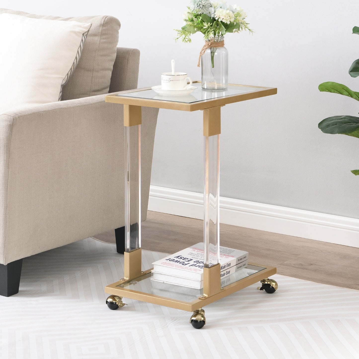 Golden Acrylic Sofa Table, Glass Top C Shape With Metal Base For Living Room Furniture