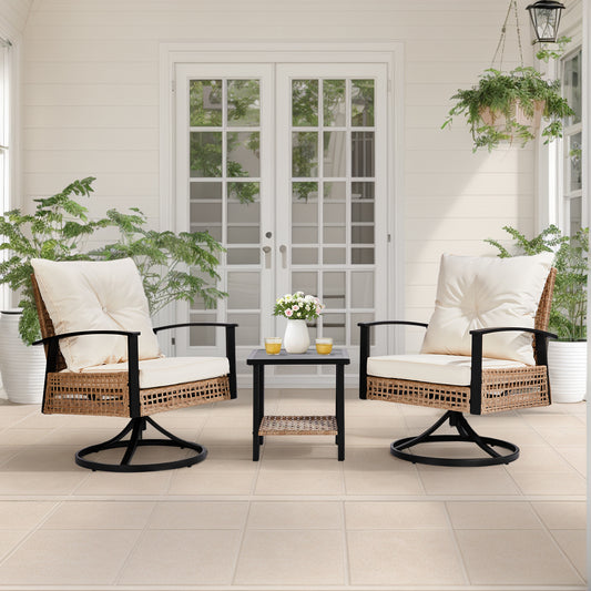 2pcs Swivel Chair And 1pc Side Table, Sparsely Braided Light Yellow Rattan, Off-white Mat, Braided Rattan Three-piece Set Furniture Outdoor Garden Patio Furniture