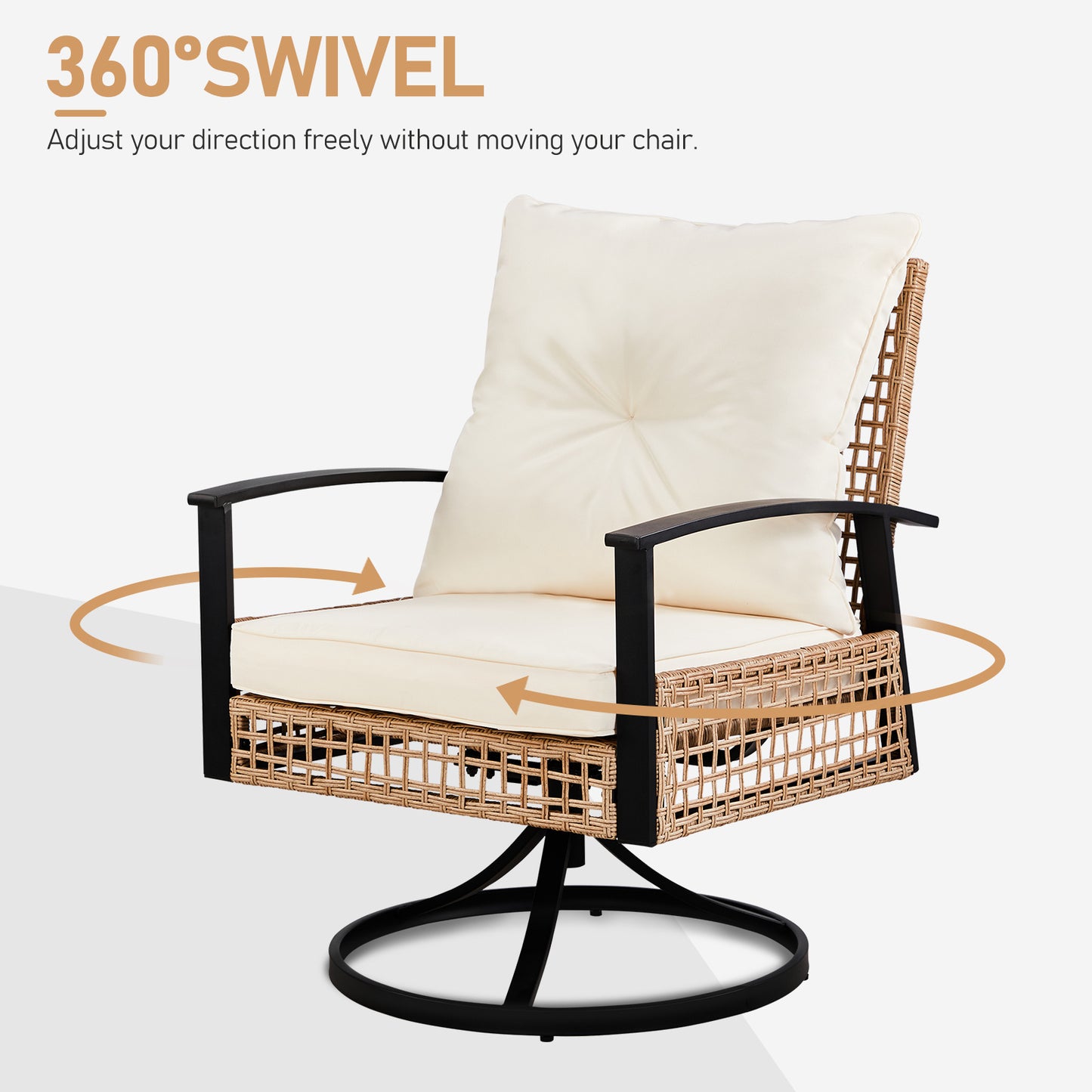 2pcs Swivel Chair And 1pc Side Table, Sparsely Braided Light Yellow Rattan, Off-white Mat, Braided Rattan Three-piece Set Furniture Outdoor Garden Patio Furniture