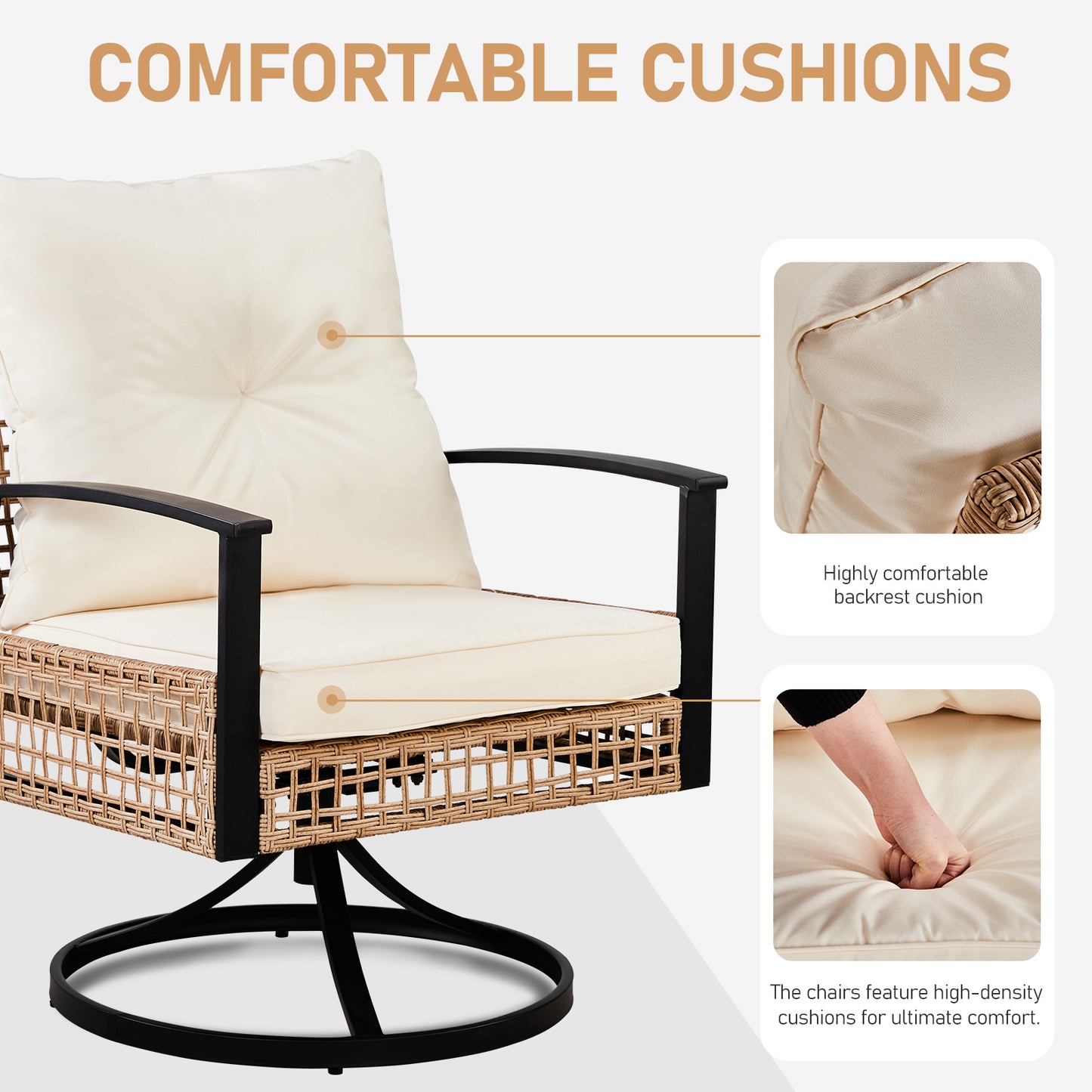 2pcs Swivel Chair And 1pc Side Table, Sparsely Braided Light Yellow Rattan, Off-white Mat, Braided Rattan Three-piece Set Furniture Outdoor Garden Patio Furniture