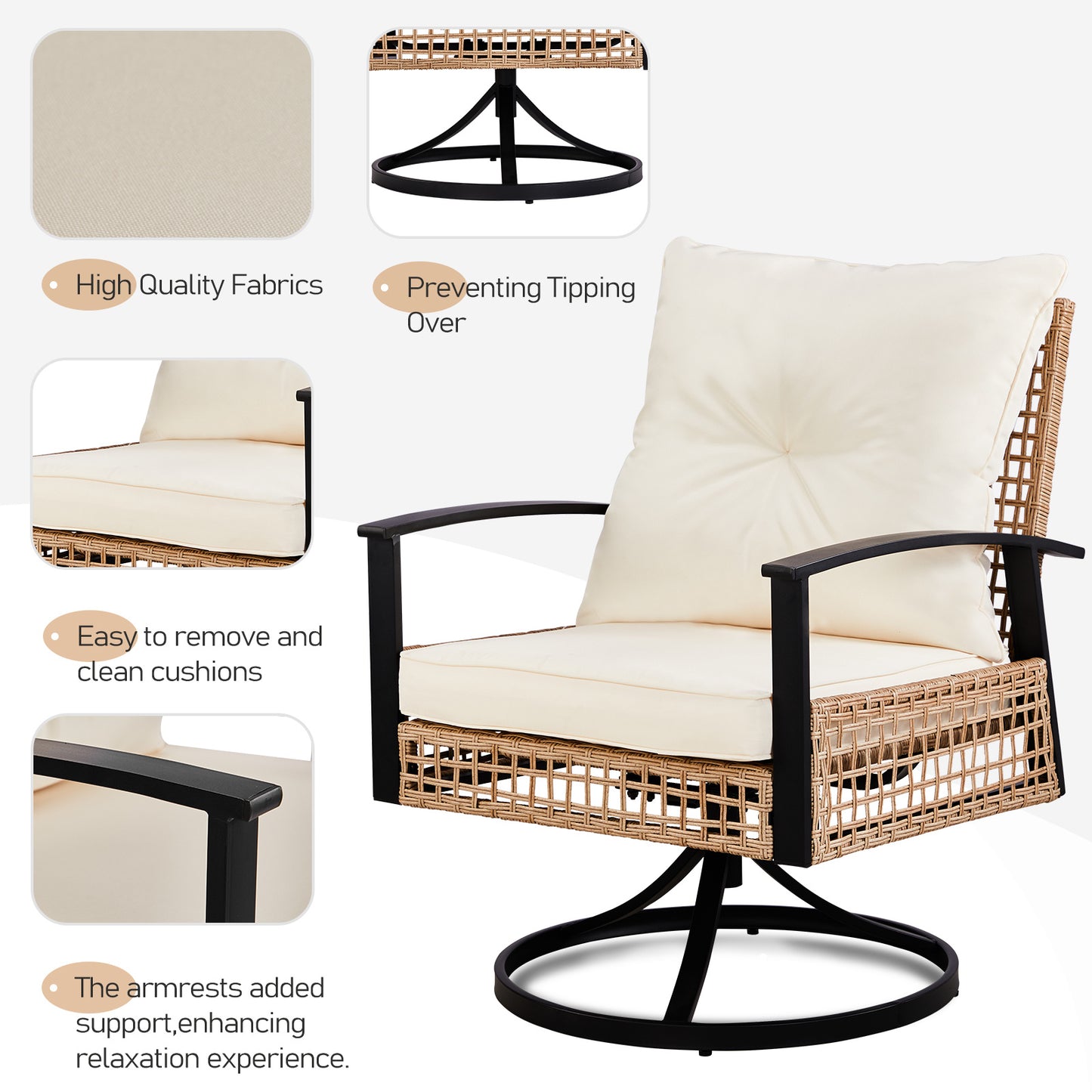 2pcs Swivel Chair And 1pc Side Table, Sparsely Braided Light Yellow Rattan, Off-white Mat, Braided Rattan Three-piece Set Furniture Outdoor Garden Patio Furniture