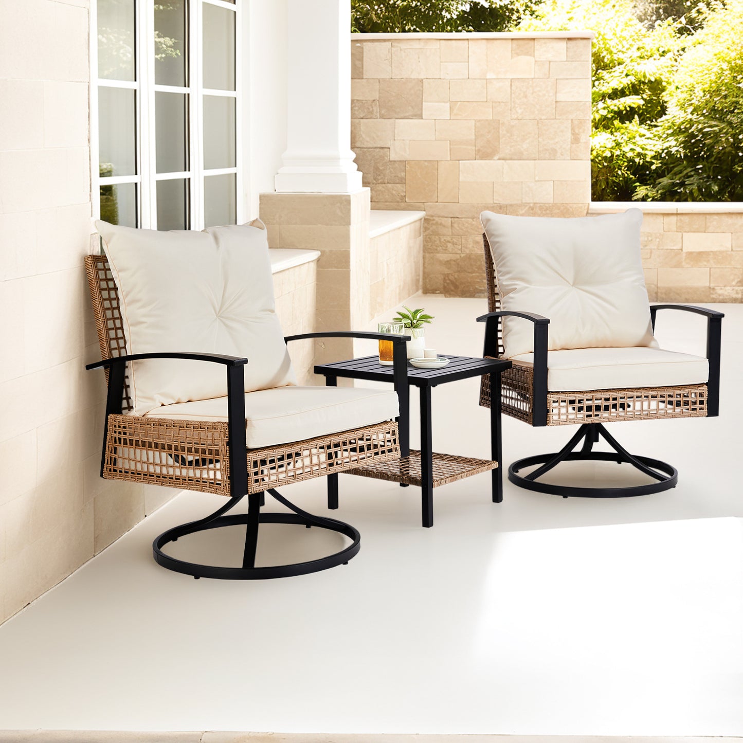 2pcs Swivel Chair And 1pc Side Table, Sparsely Braided Light Yellow Rattan, Off-white Mat, Braided Rattan Three-piece Set Furniture Outdoor Garden Patio Furniture