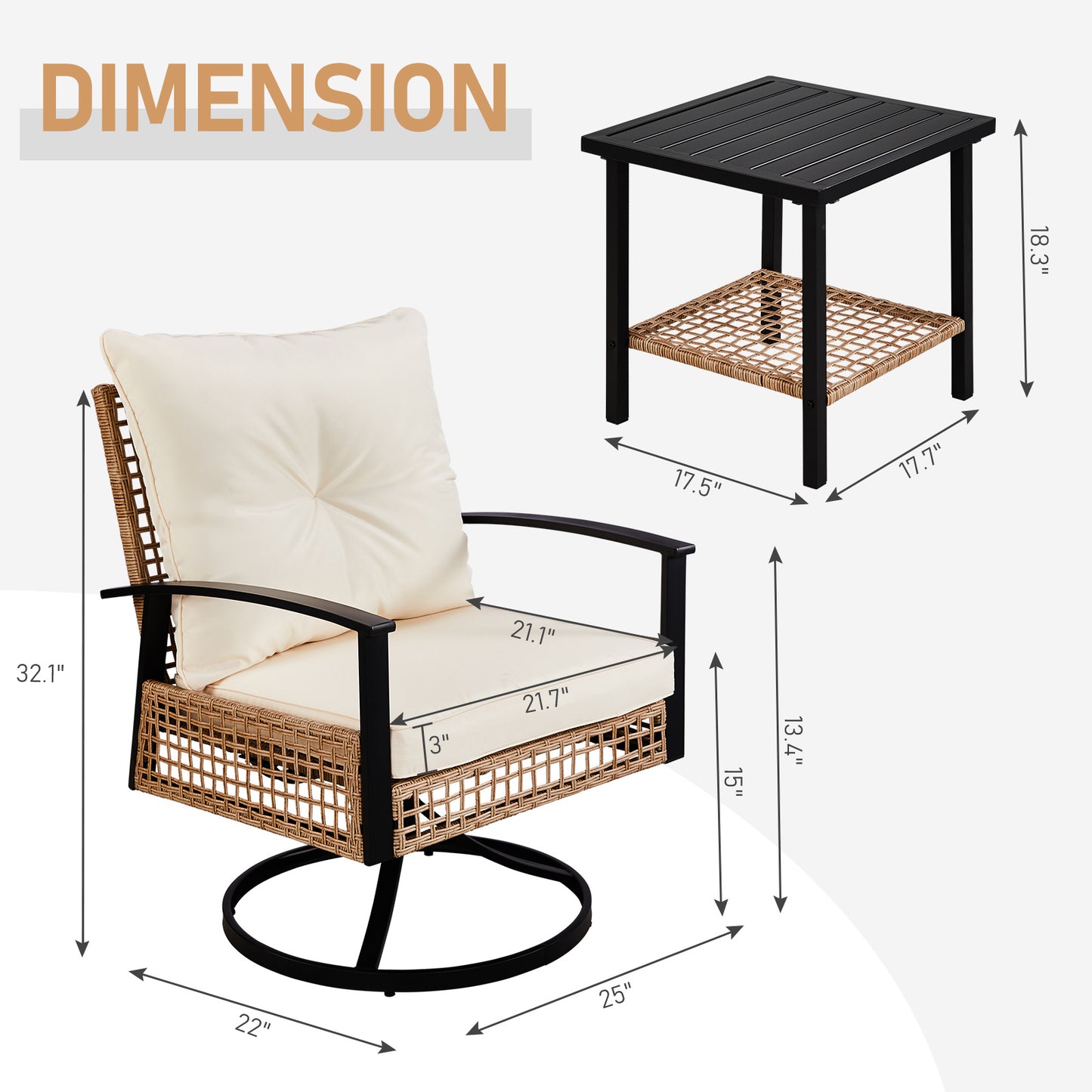 2pcs Swivel Chair And 1pc Side Table, Sparsely Braided Light Yellow Rattan, Off-white Mat, Braided Rattan Three-piece Set Furniture Outdoor Garden Patio Furniture