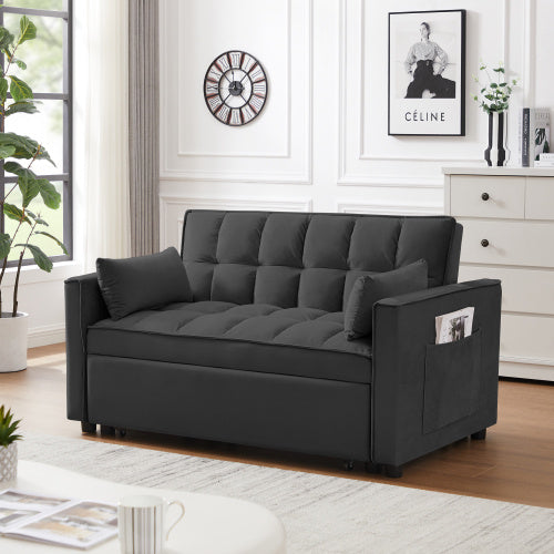 Modern Velvet Loveseat Futon Sofa Couch W Pullout Bed,Small Love Seat Lounge Sofa W Reclining Backrest,Toss Pillows, Pockets,Furniture For Living Room,3 In 1 Convertible Sleeper Sofa Bed, Black Furniture