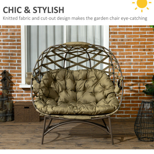 Outsunny 2 Seater Egg Chair Outdoor, Folding Weave Garden Furniture Chair With Cushion, Cup Pockets - Khaki Outdoor Garden Patio Furniture