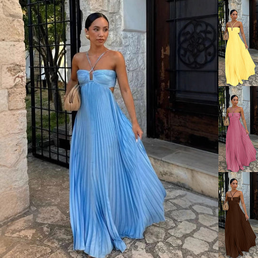 Ins Pleated Sleeveless Sling Dress Hollow High Waist Halter Robe Dresses For Evening Party Club Women's Garments Apparel / Clothing