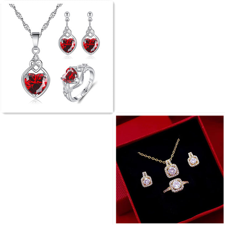 Fashion Jewelry Set Zircon Gem Pendant Chain Choker Necklace For Women Gold Color Stud Earring Statement Wedding Ring Jewelry / Accessories