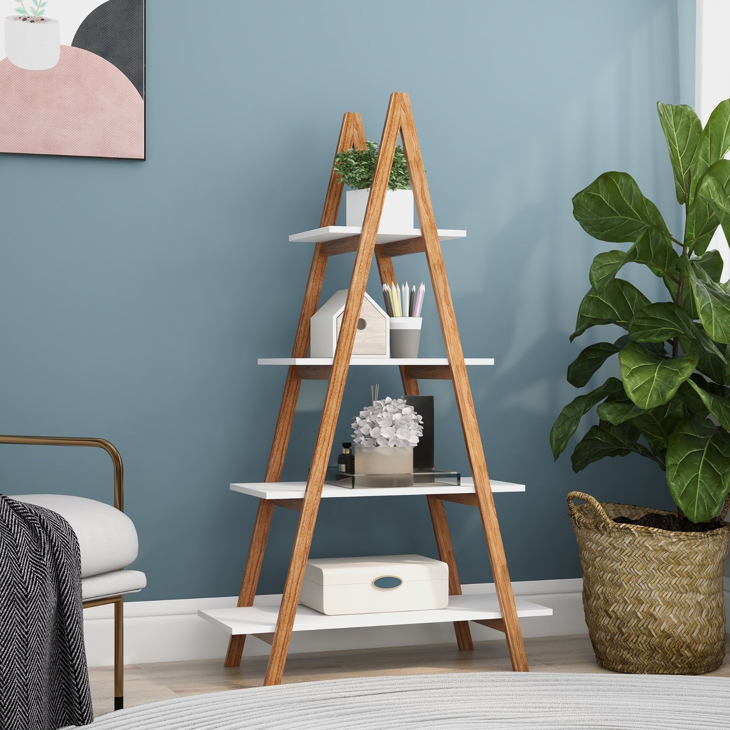 Solid Bamboo Wood Oxford  A Frame Ladder Display Bookshelf Furniture