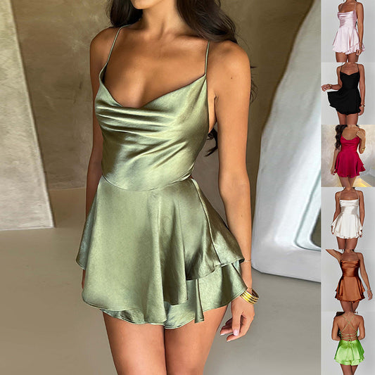 Sexy Suspender Skirt For Women Elegant Slim Strap Satin Backless Lace Up A-Line Short Dress Lady Women's Garments Apparel / Clothing